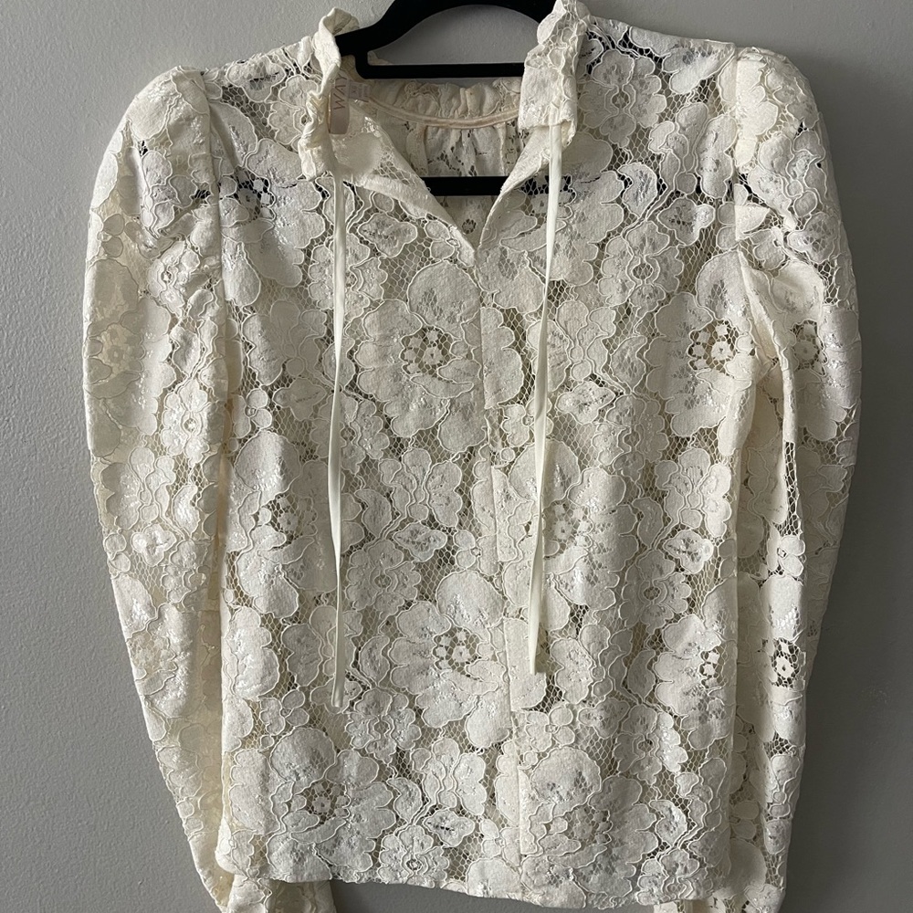 WAYF Emma Puff Sleeve Lace Top Ivory XS - Picture 6 of 11